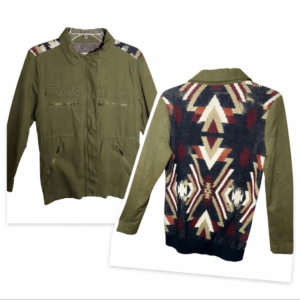 Thread & Supply Utility green Jacket in front & Sweater Back Aztec Boho Small